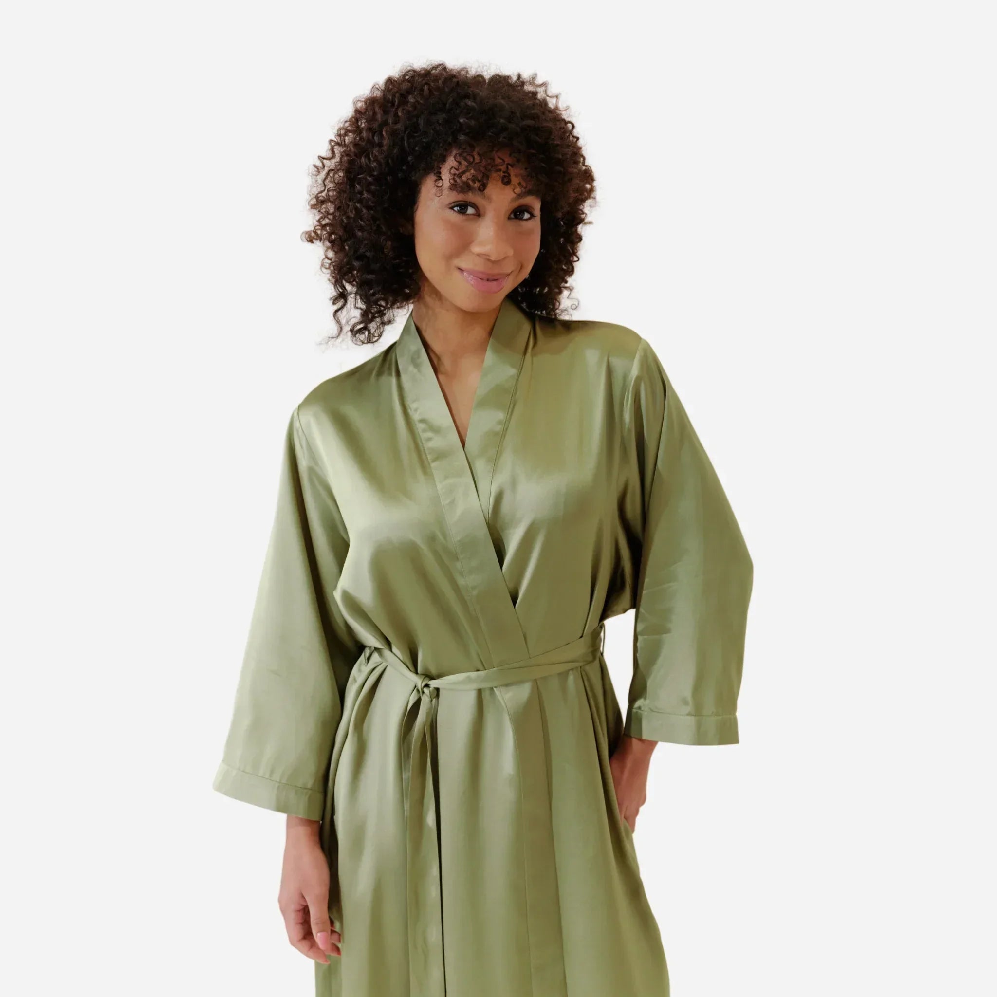 Шовковий халат кімоно для жінок, довгий шовковий халат оливкового кольору, Silk Robe, one size bathrobe, жіночий шовковий халат, комфортний та елегантний для сну і відпочинку, elegant women's sleepwear, короткий шовковий халат оливкового кольору