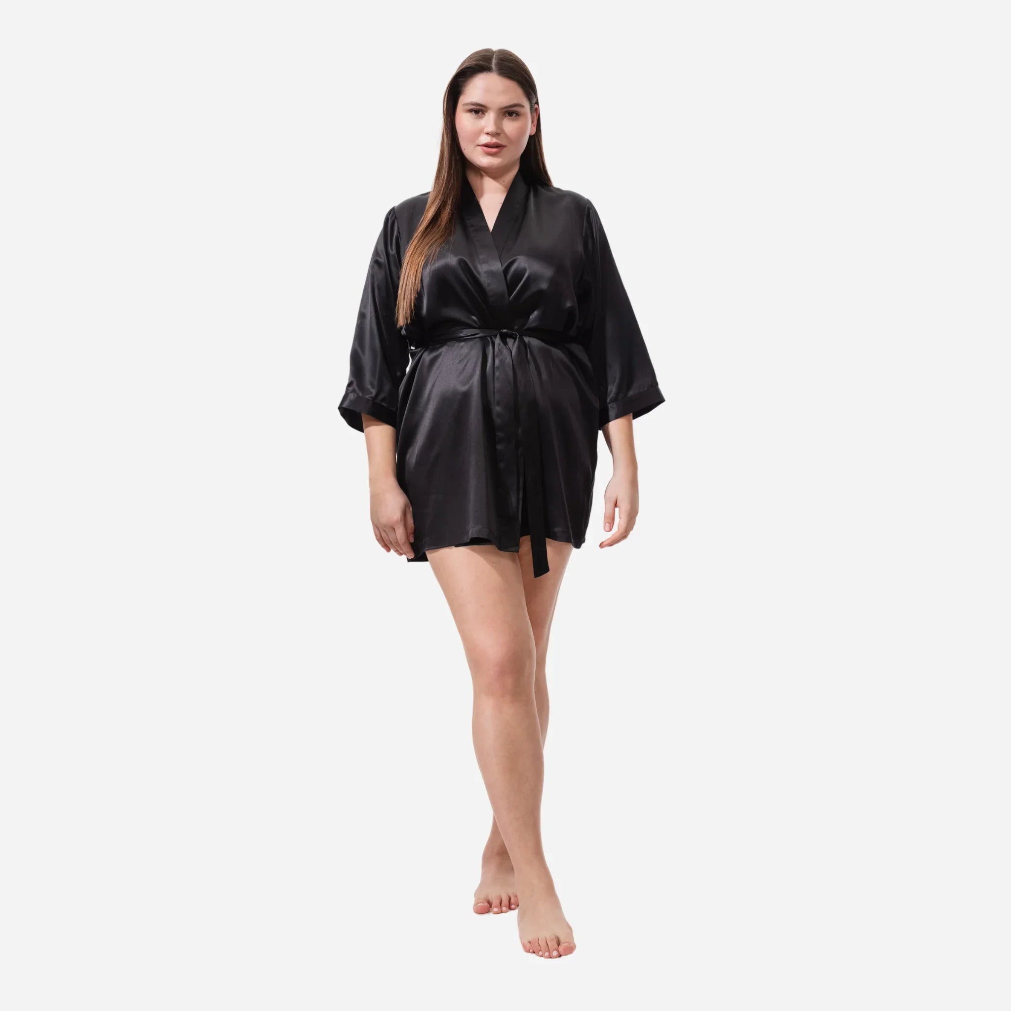 Шовковий халат кімоно для жінок, короткий шовковий халат чорного кольору, Silk Robe, one size bathrobe, жіночий шовковий халат, комфортний та елегантний для сну і відпочинку, elegant women's sleepwear