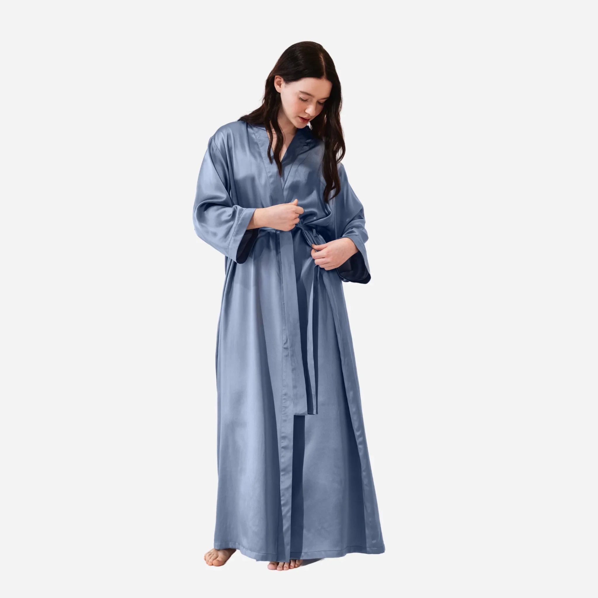 Шовковий халат кімоно для жінок, довгий шовковий халат блакитного кольору, Silk Robe, one size bathrobe, жіночий шовковий халат, комфортний та елегантний для сну і відпочинку,elegant women's sleepwear
