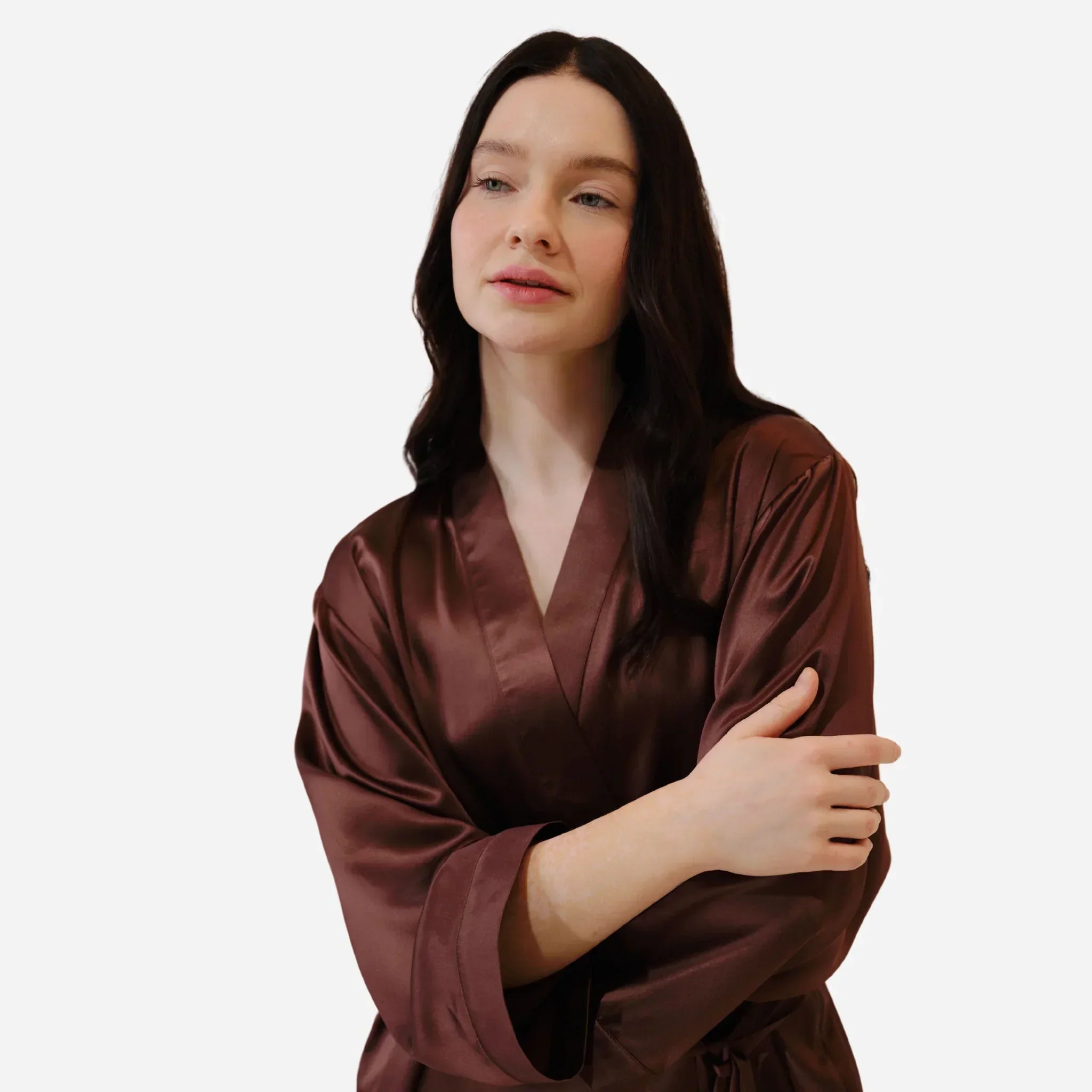 Шовковий халат кімоно для жінок, довгий шовковий халат коричневого кольору, Silk Robe, one size bathrobe, жіночий шовковий халат, комфортний та елегантний для сну і відпочинку, elegant women's sleepwear