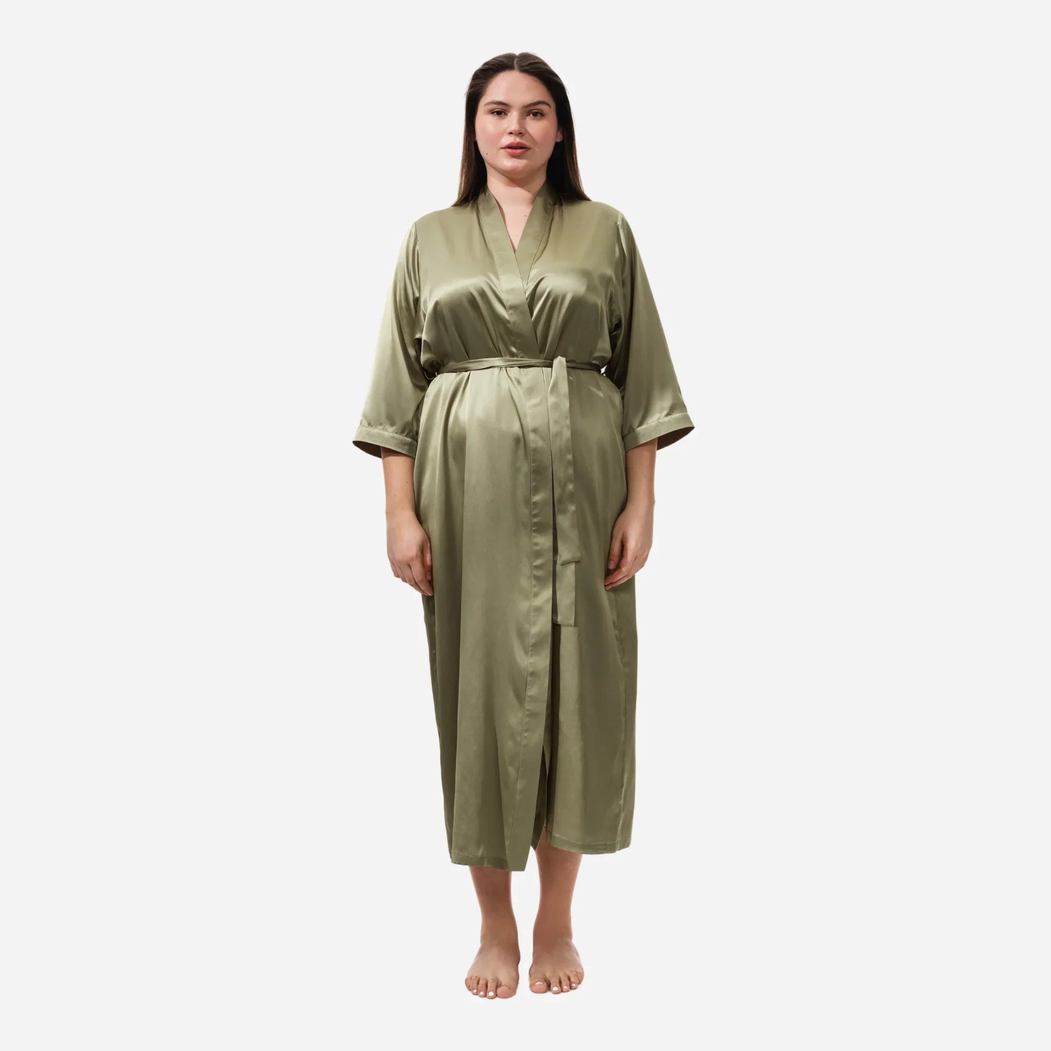 Шовковий халат кімоно для жінок, довгий шовковий халат оливкового кольору, Silk Robe, one size bathrobe, жіночий шовковий халат, комфортний та елегантний для сну і відпочинку,elegant women's sleepwear