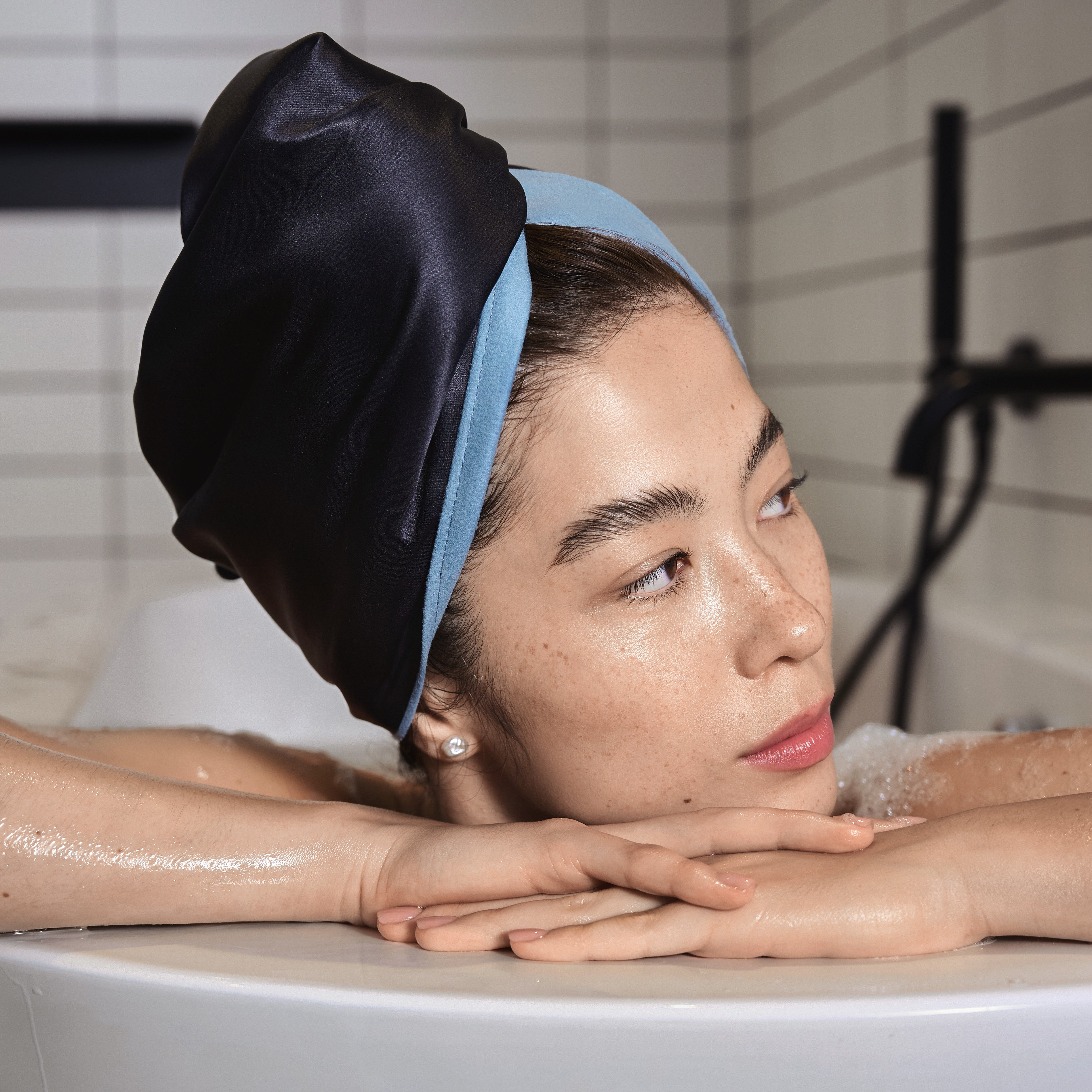 Silk Hair Turban for Wet Hair – Fast Drying Mulberry Silk & Microfiber Head Towel - Black