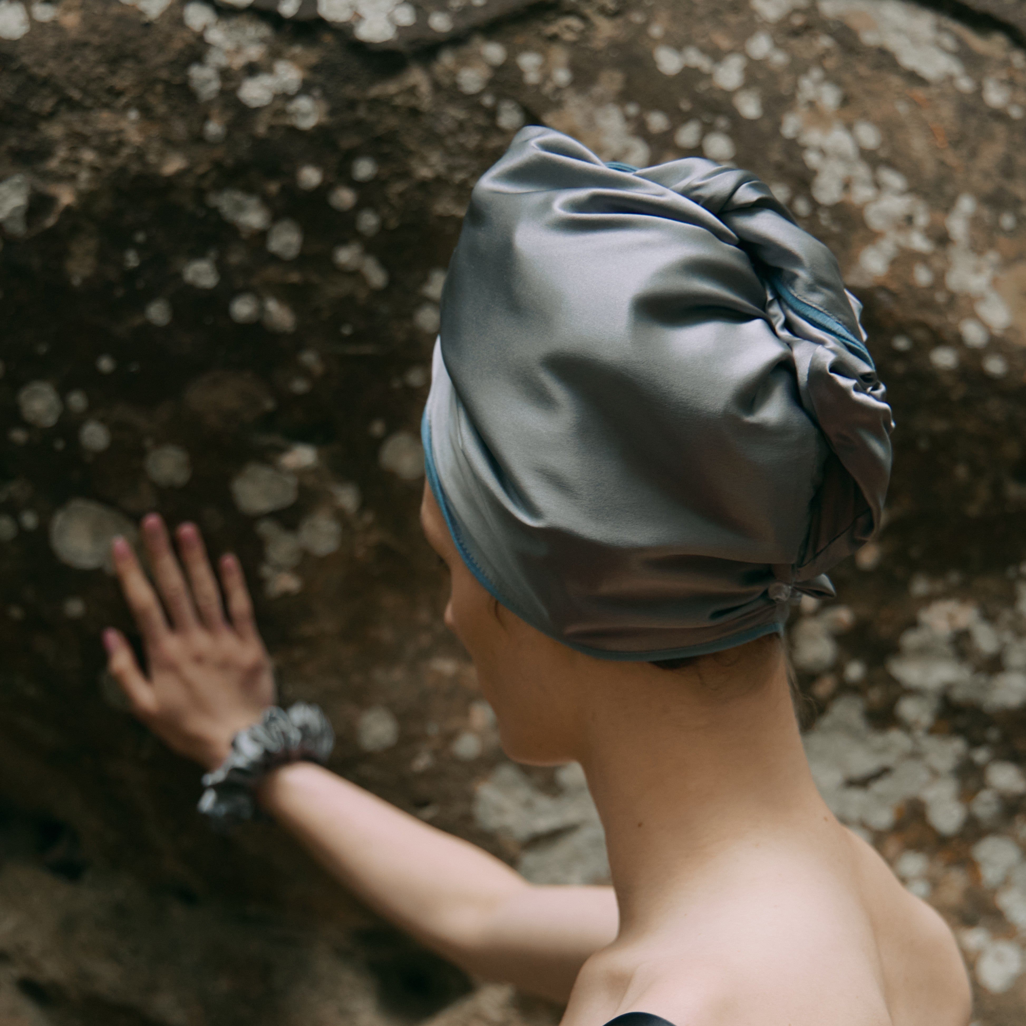 Silk Hair Turban for Wet Hair – Fast Drying Mulberry Silk & Microfiber Head Towel - Stone Grey