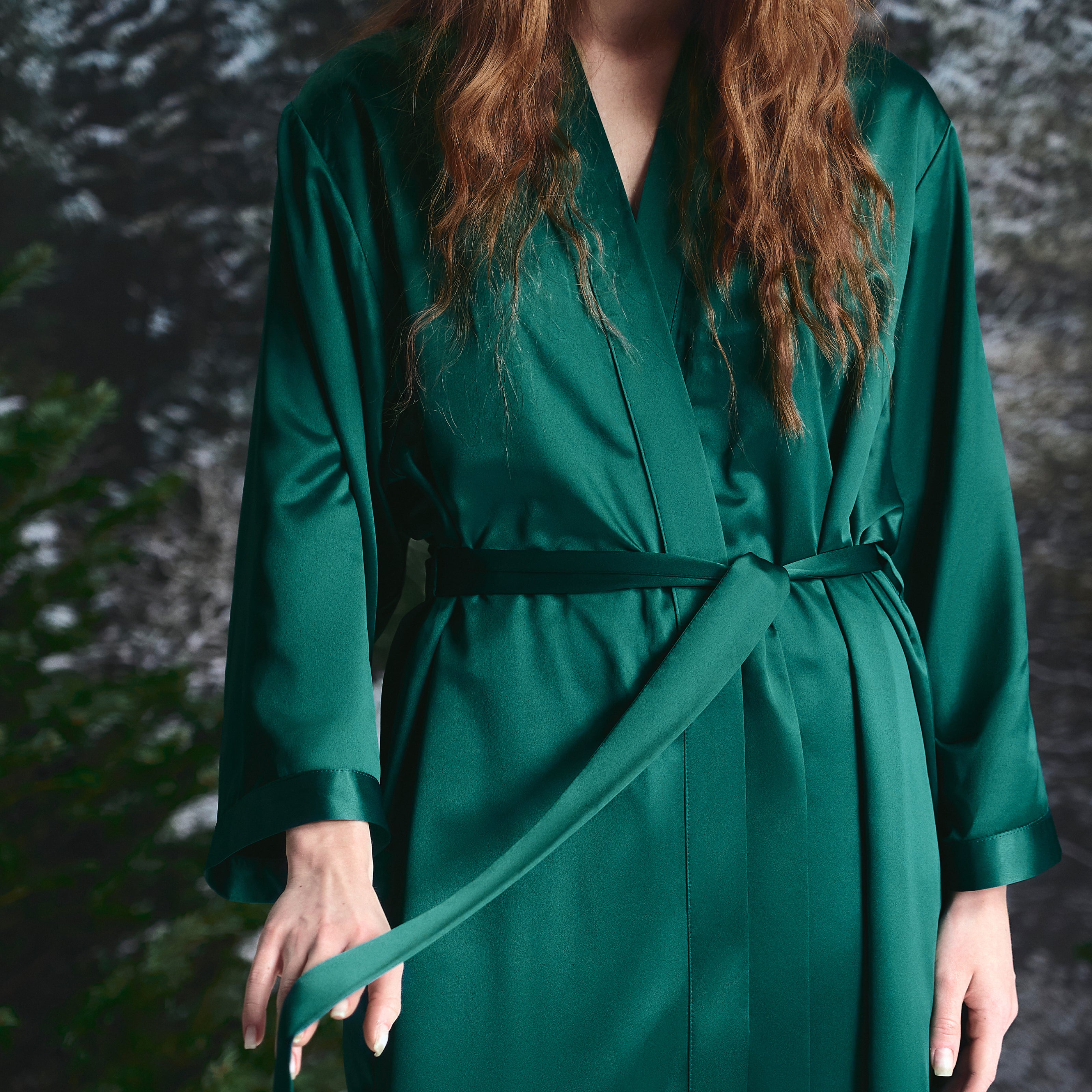 Silk Kimono Robe long - EVERGREEN