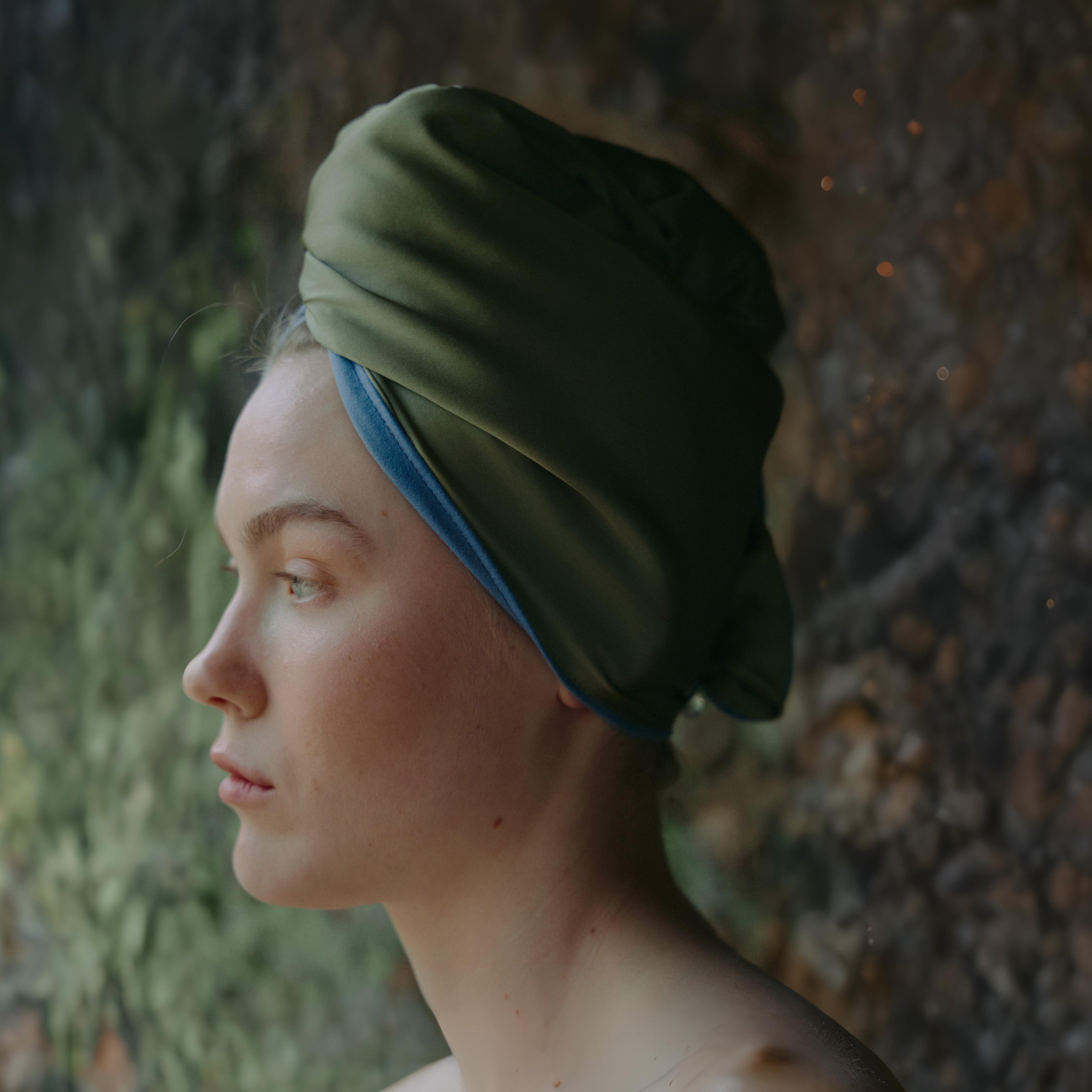 Silk Hair Turban for Wet Hair – Fast Drying Mulberry Silk & Microfiber Head Towel - Forest Moss