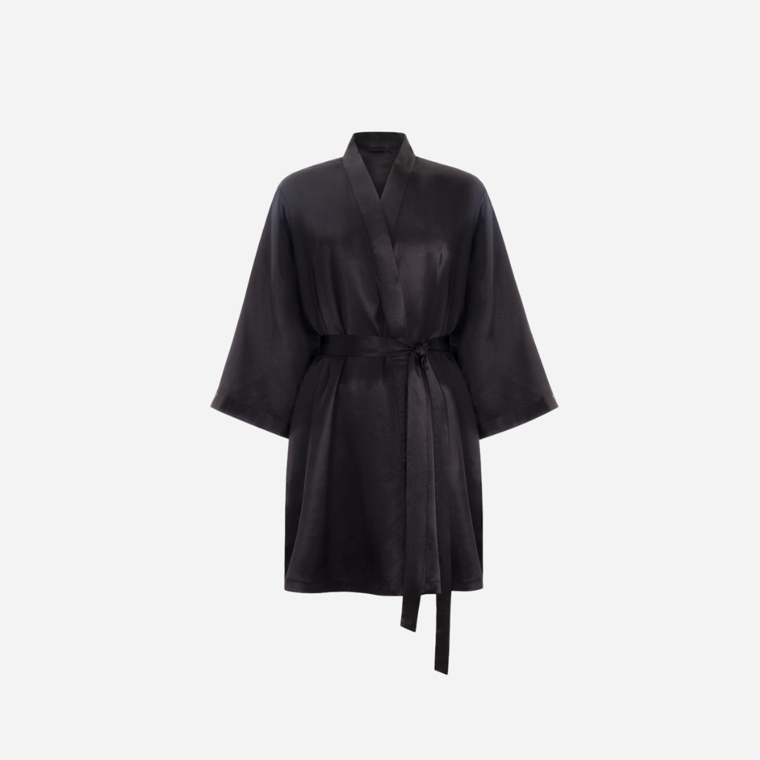 Silk Kimono Robe short - black